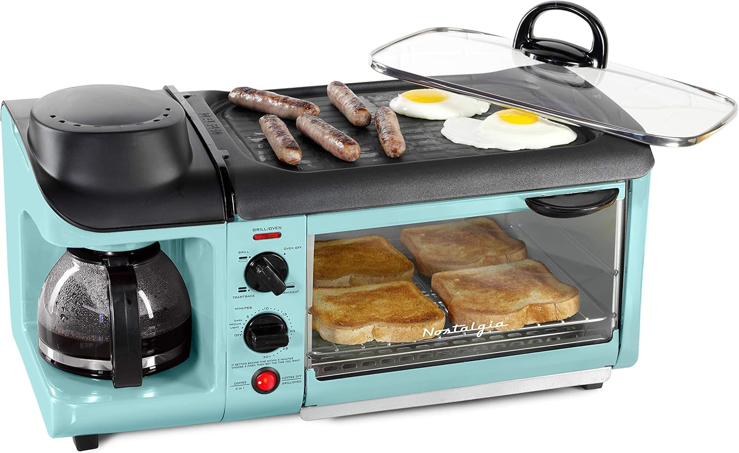 Nostalgia 3-In-1 Breakfast Station - Includes Coffee Maker, Non-Stick Griddle, and 4-Slice Toaster Oven - Versatile Breakfast Maker with Timer - Aqua