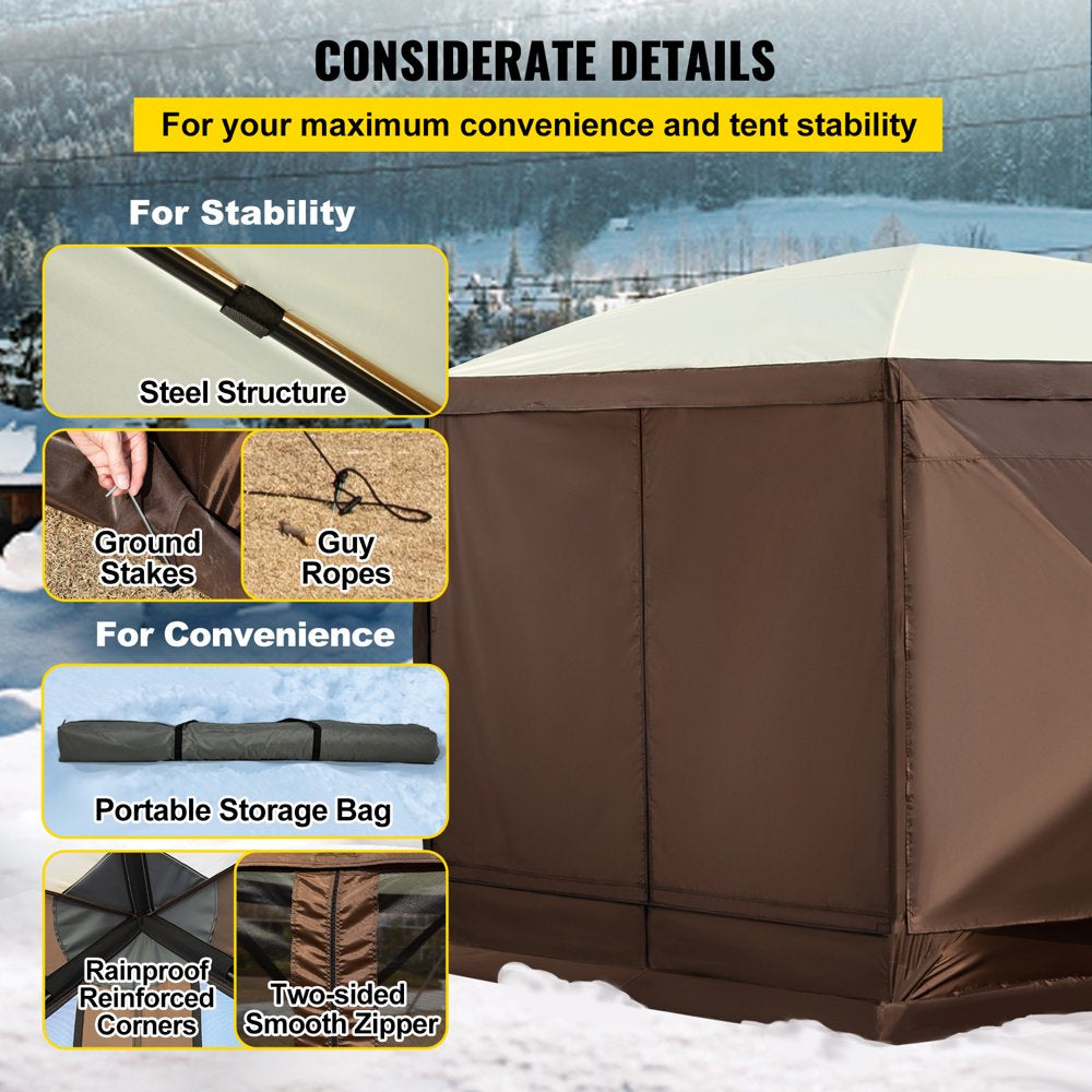 brand Camping Gazebo Tent, 12'X12', 6 Sided Pop-Up Canopy Screen Tent for 8 Person Camping, Waterproof Screen Shelter W/Portable Storage Bag, Ground Stakes, Mesh Windows, Brown & Beige