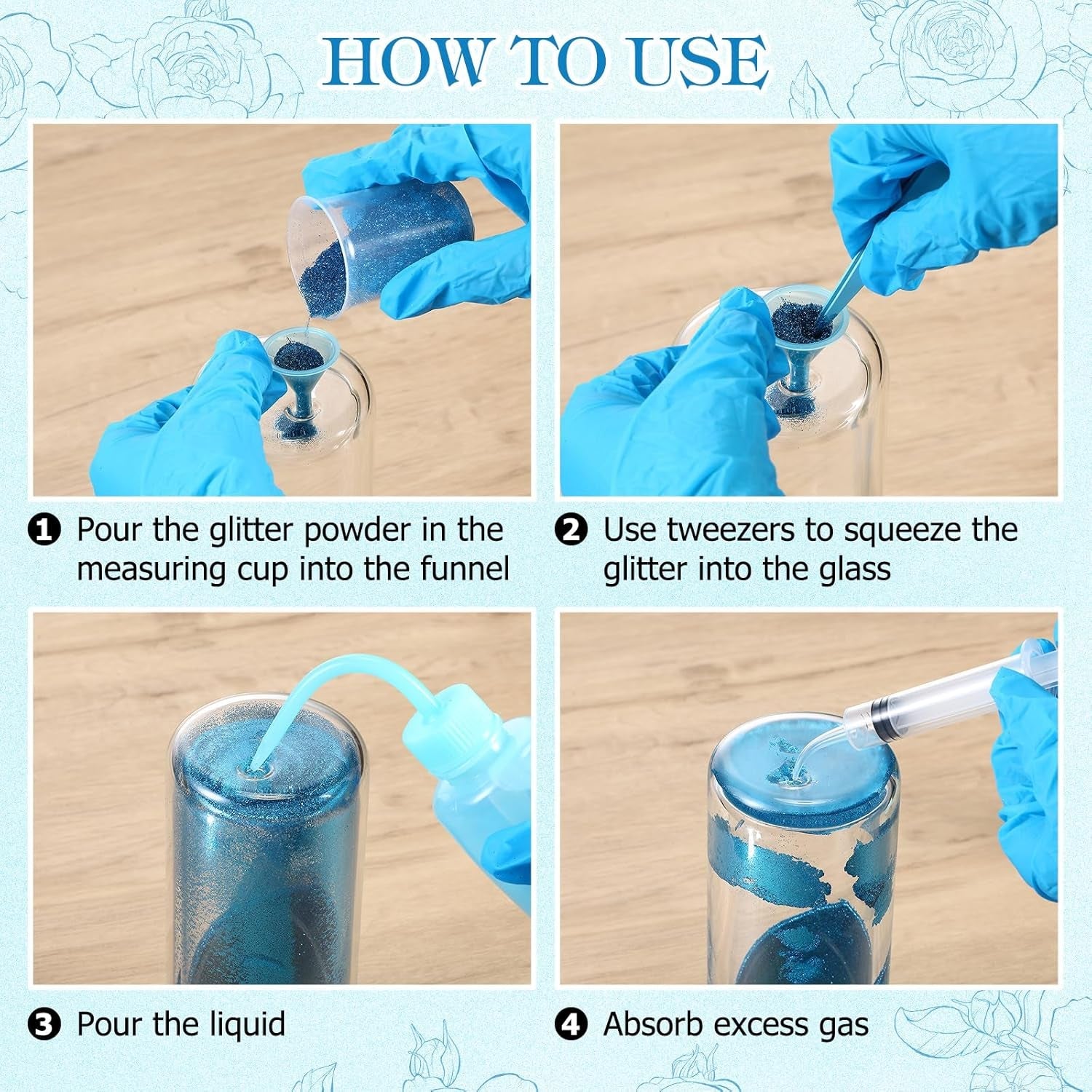 Baderke 20 Pcs Snow Globe Tumbler DIY Kit 16 Oz Tumbler Squeeze Bottle, Glitter, Funnel Tweezer Silicone Cup Cradle Measuring Cup Glove Flashlight Buffer for Beginner(Blue,Classic)