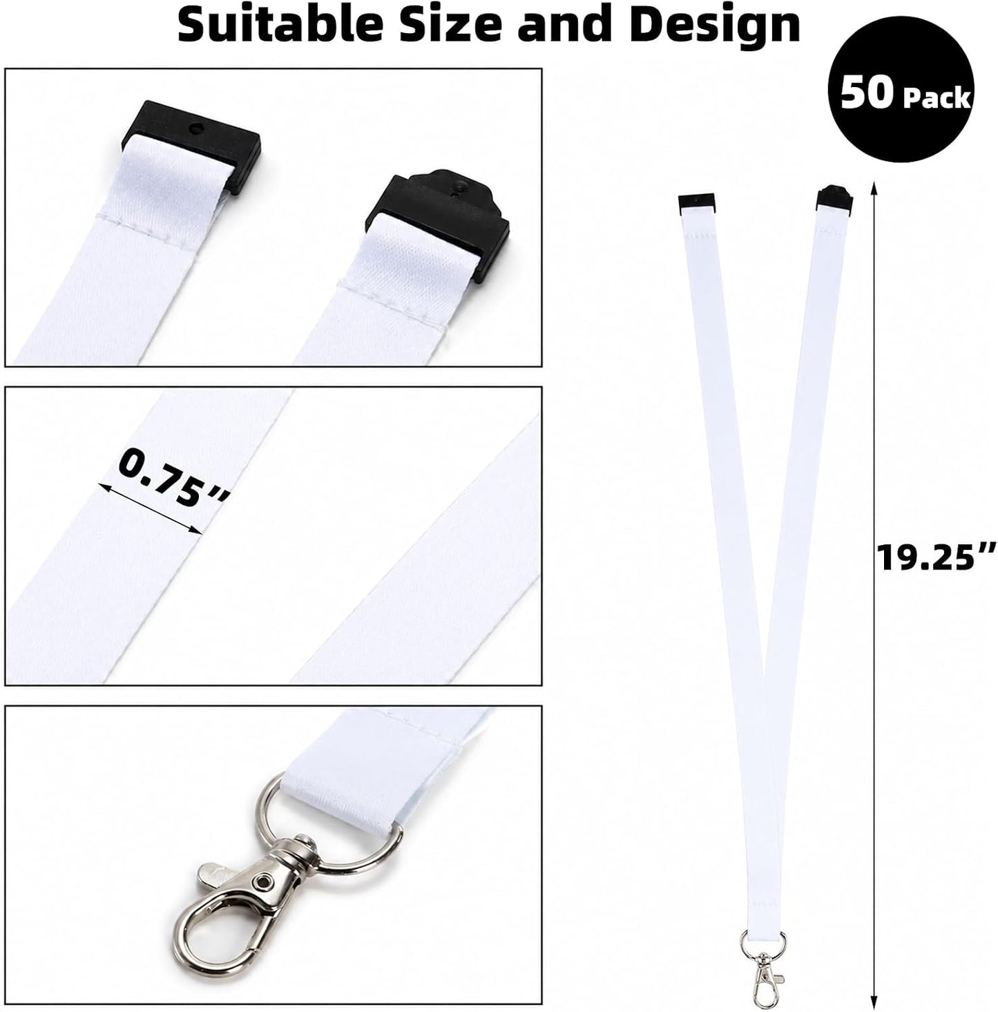 Yesland 50 Pack Sublimation Blank Lanyards - White Heat Transfer Neck Lanyards with Detachable Buckles & Metal Hooks for ID Badge Holder, Keys, Custom DIY Design