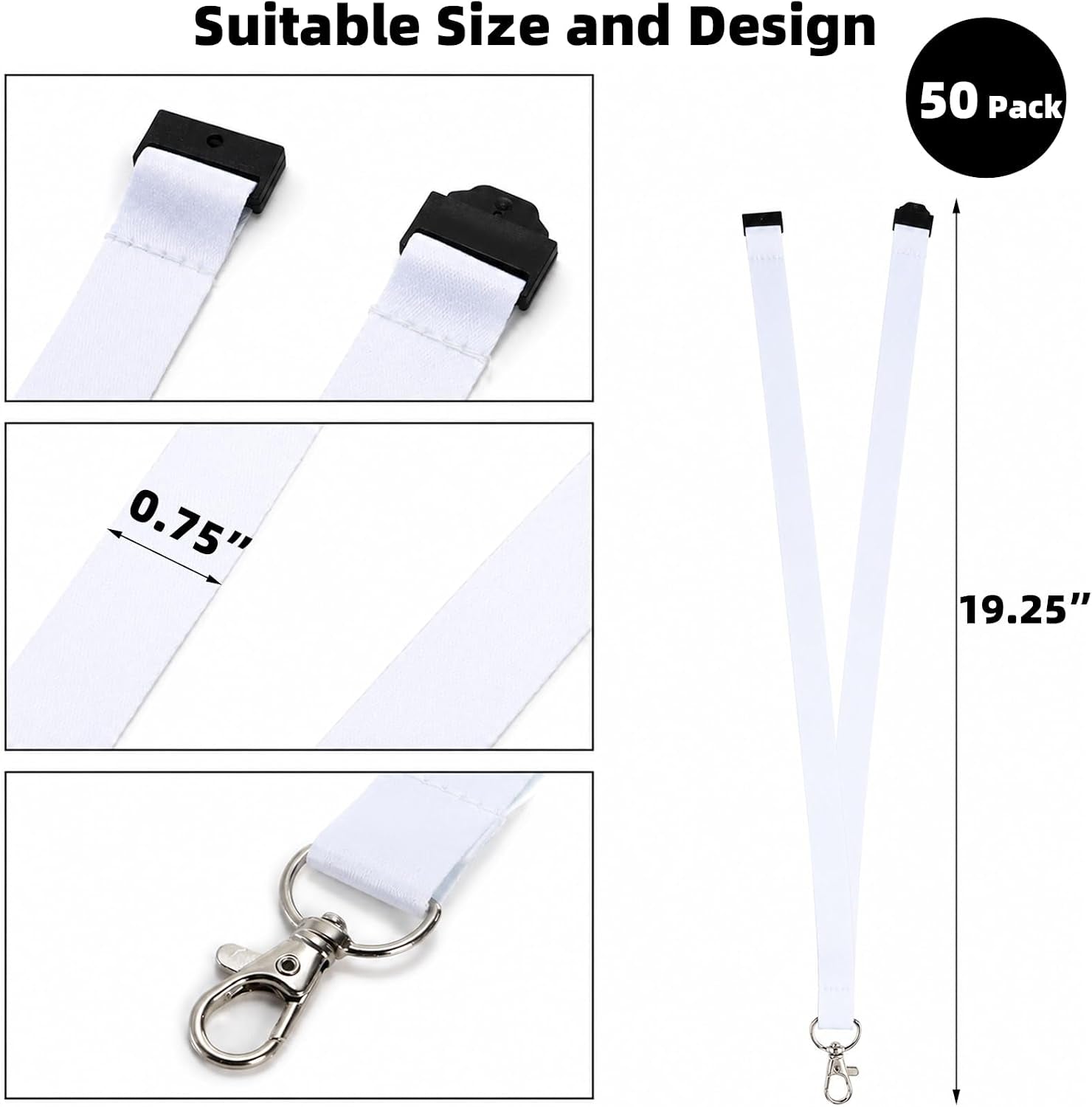 Yesland 50 Pack Sublimation Blank Lanyards - White Heat Transfer Neck Lanyards with Detachable Buckles & Metal Hooks for ID Badge Holder, Keys, Custom DIY Design