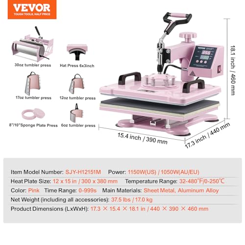 VEVOR 16x20 Heat Press, 1700W High Pressure Clamshell Heat Press Machine for T Shirts, Large Professional Digital Control Heat Transfer Machine for Sublimation, Vinyl, Heat Transfer Projects