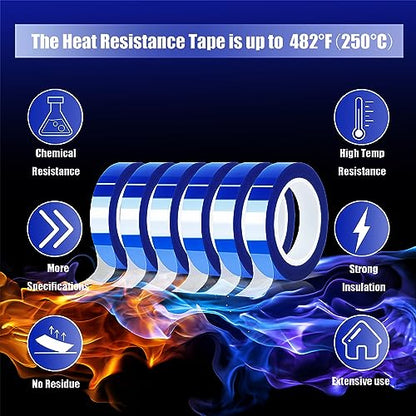 6 Rolls 10mm x16m(52FT) Blue Heat Tape High Temperature Heat Resistant Tape Heat Transfer Tape for Heat Sublimation Press Vinyl,No Residue