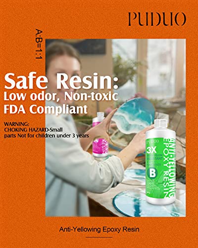 Epoxy Resin Crystal Clear Kit for Art, Jewelry, Crafts, Coating- 16 OZ Including 8OZ Resin and 8OZ Hardener | Bonus 4 pcs Measuring Cups, 3pcs Sticks, 1 Pair Rubber Gloves by Puduo