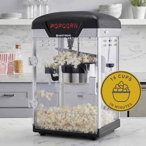 West Bend Stir Crazy Movie Theater Popcorn Popper, Gourmet Popcorn Maker with Nonstick Popcorn Kettle, Measuring Tool and Scoop , 4 Qt, Blue