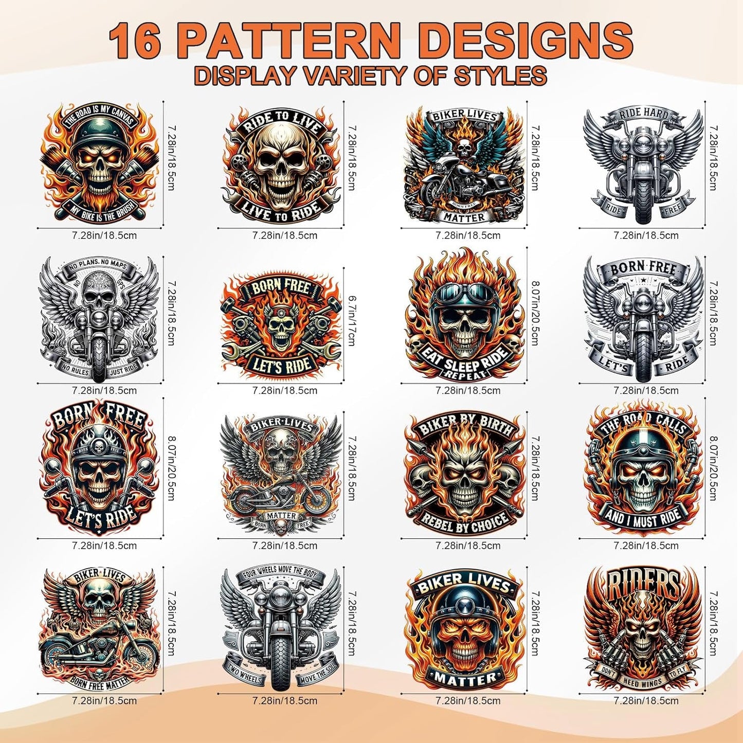 Dtf Transfers Ready to Press - 16 Pcs Motorbike Skull Iron on Transfers for T-Shirts Rider Biker Skull Heat Transfer Vinyl Decals Stickers Iron on Patches for Clothing Bag Hoodie DIY Crafts