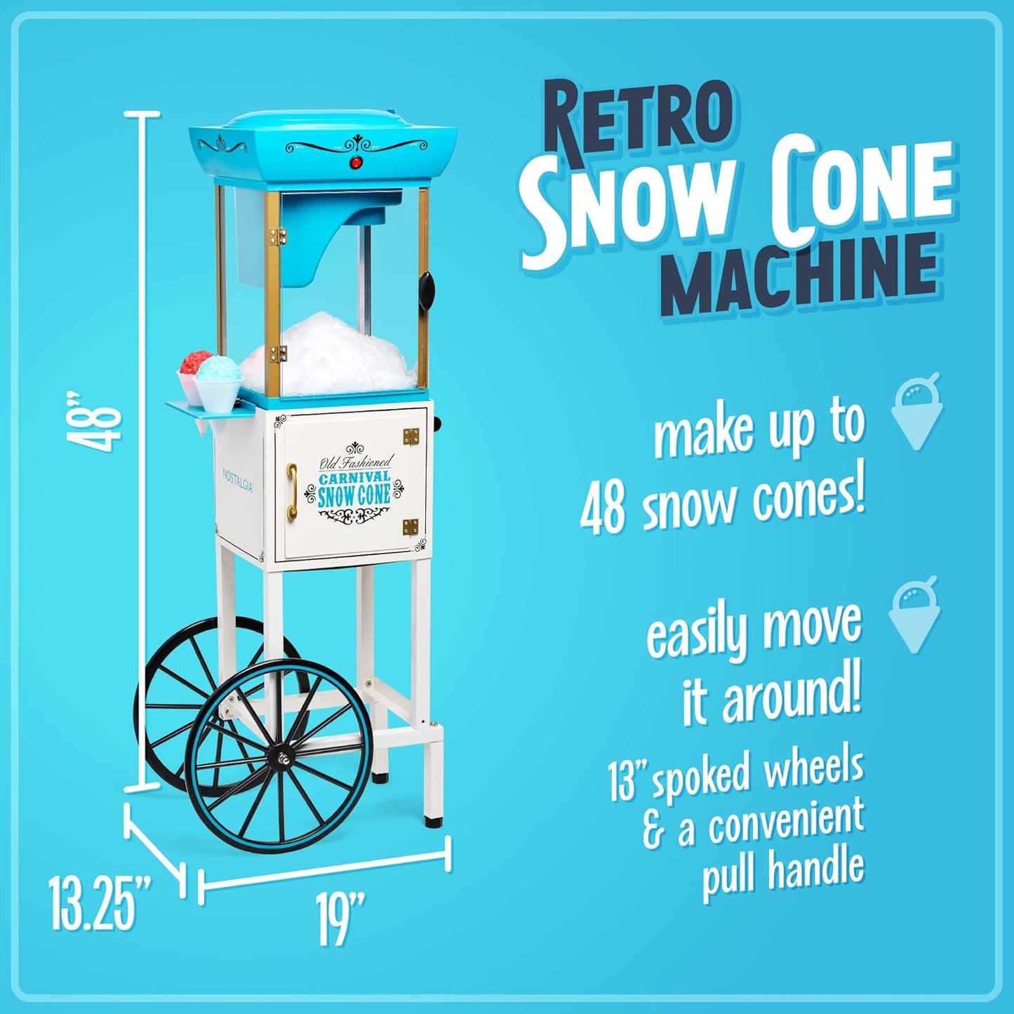 Nostalgia Snow Cone Shaved Ice Machine - Retro Cart Slushie Machine Makes 48 Icy Treats - Includes Metal Scoop, Storage Compartment, Wheels for Easy Mobility - White, Blue