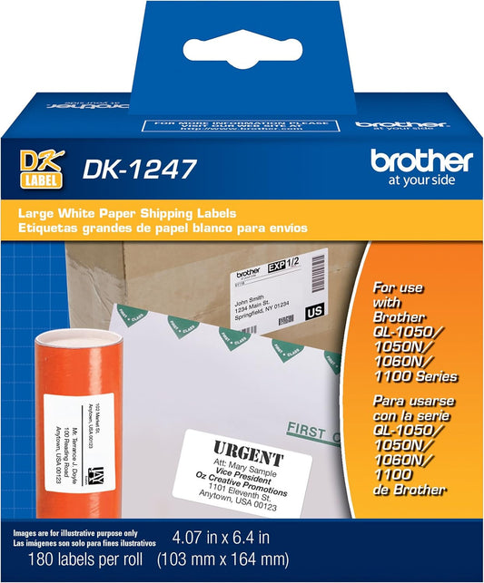 Brother Genuine DK-1247 Die-Cut Large Shipping White Paper Labels for Brother QL Label Printers – 180 Labels per Roll 4.07” X 6.4” (103Mm X 164 Mm)