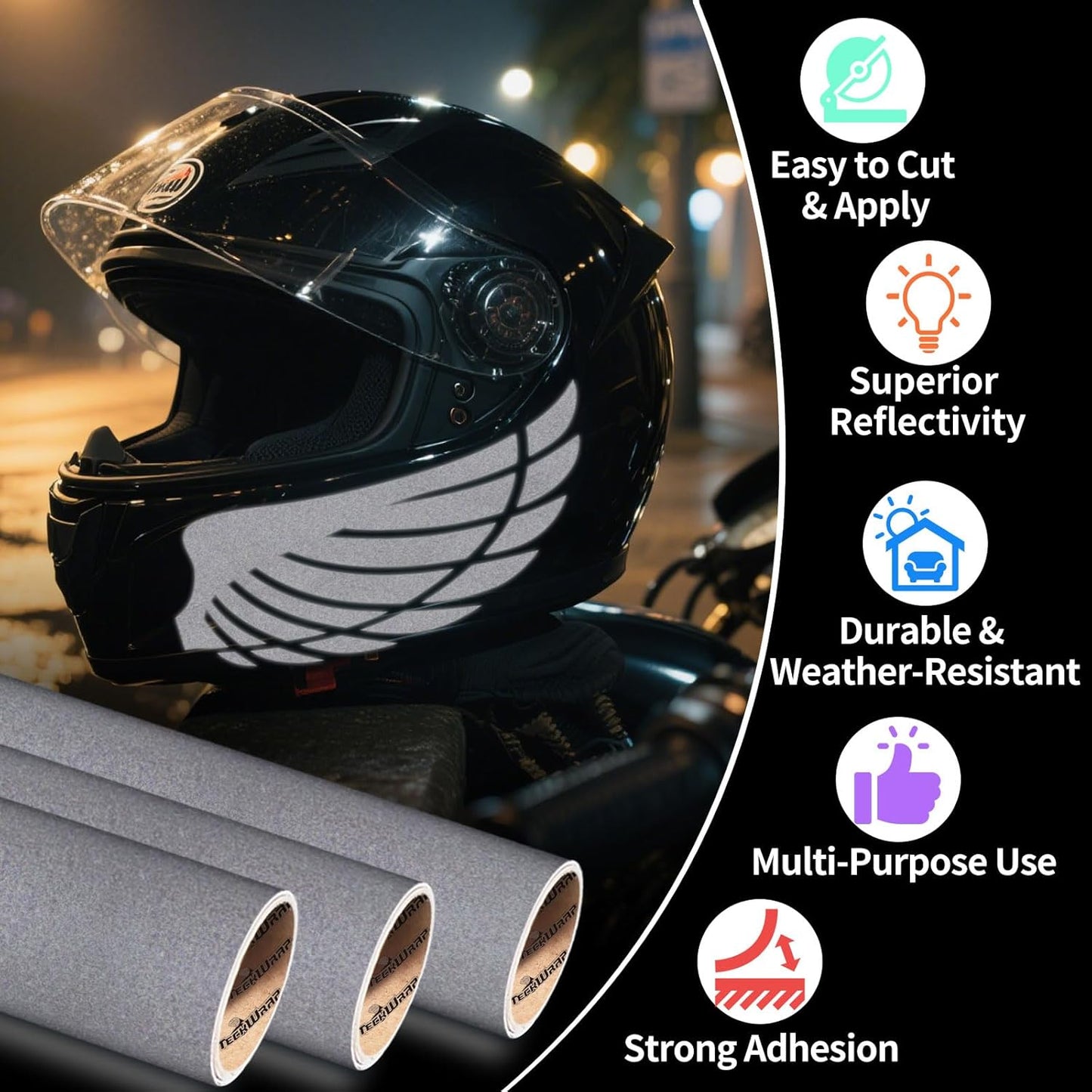 Black Reflective Chrome Adhesive Vinyl Flashlight Sensitive Vinyl for Crafts, Decals, Bikes, Motorcycles, Helmets, Mailbox, Reflective Tape, 1Ftx5Ft, Ink Black
