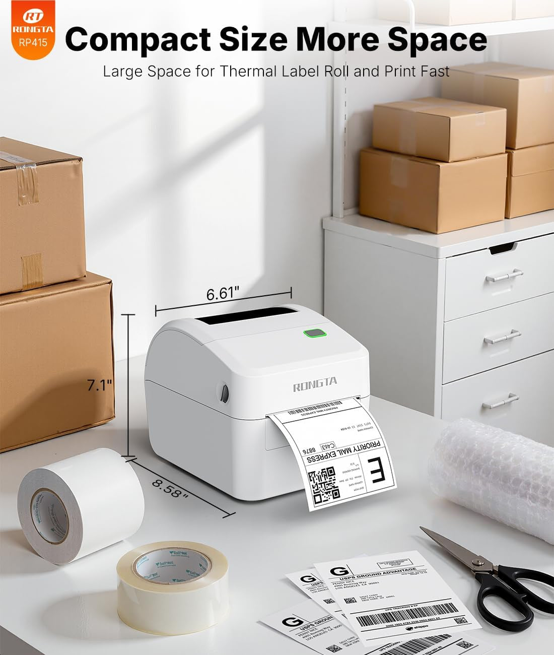 Rongta Bluetooth Thermal Shipping Label Printer, Wireless 4X6 Label Sticker Printer for Shipping Packages, Support Android, Iphone, Widely Used for Amazon, Ebay, Shopify, Etsy, UPS, White