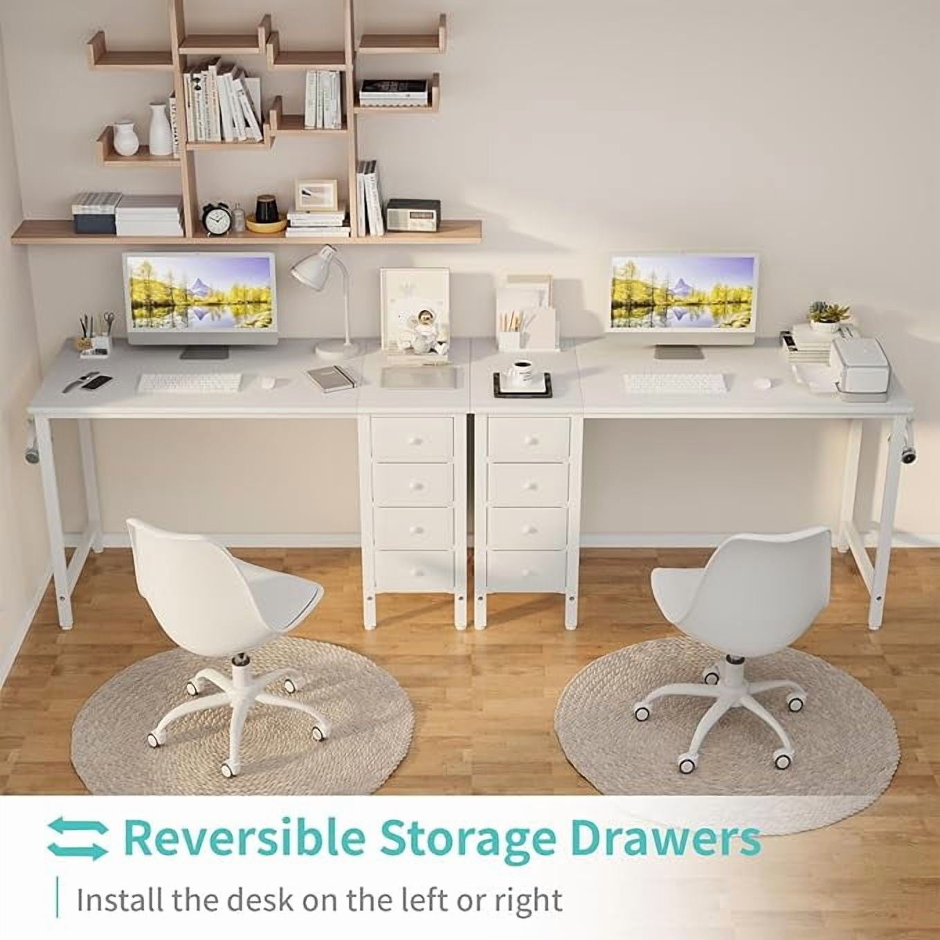 White Computer Desk with Fabric Drawers, 47 Inch Study Work Writing Desk for Home Office Bedroom, Simple Modern Cute PC Desks with Drawer, White