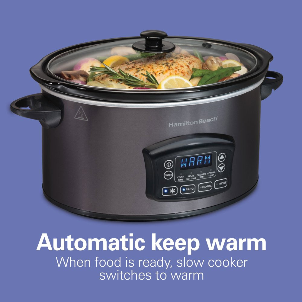 Programmable Defrost Slow Cooker, 6 Quart Capacity, Temperature Probe, Removable Crock, Black, 33768