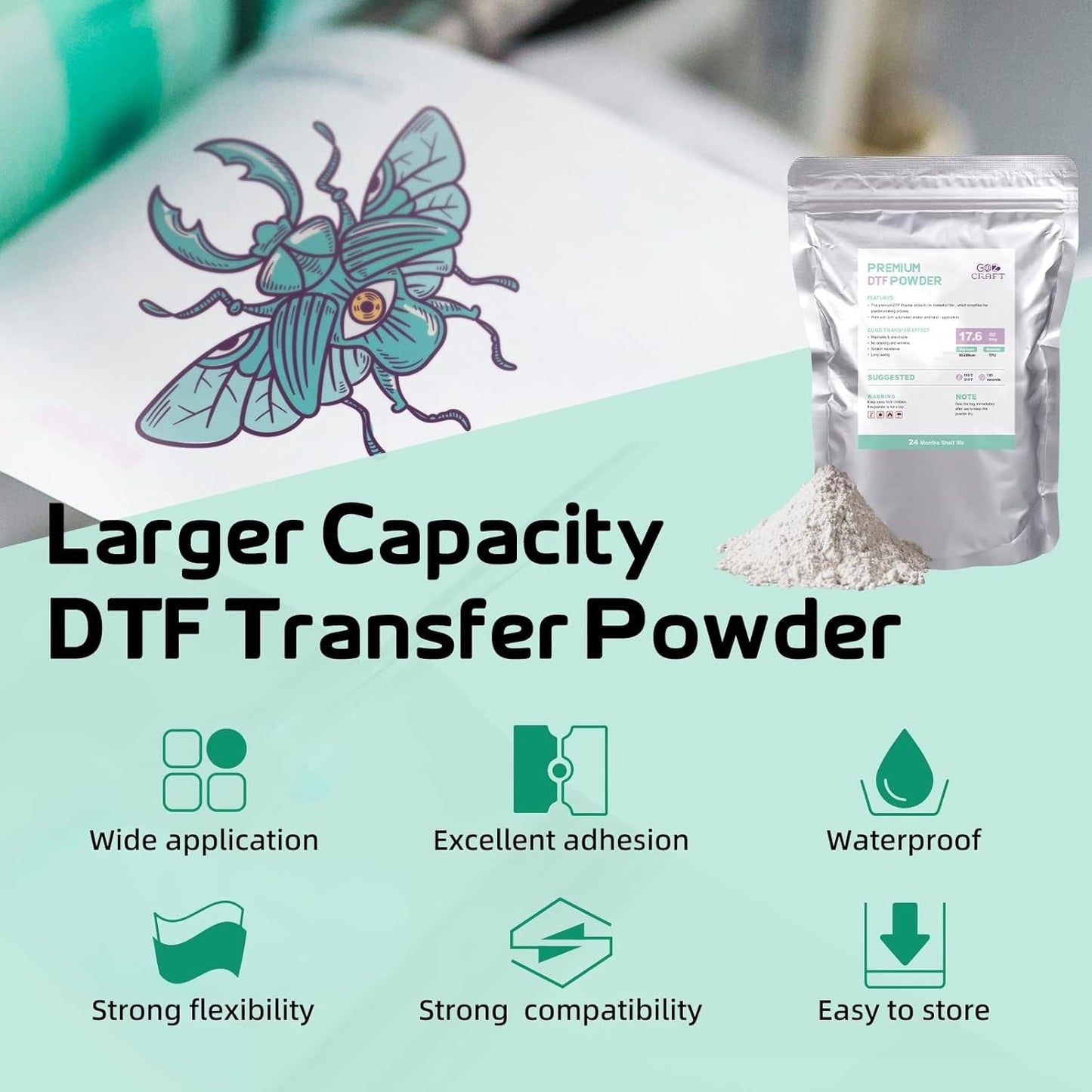 GO2CRAFT Hot Melt Powder and DTF Transfer Flim Kit, 20Pcs DTF Film for DTF Sublimation Printer, 17.6Oz/500G White Digital Hot Melt Powder, Washable & Durable DTF Transfer Starter Kit for T-Shirt,Gifts
