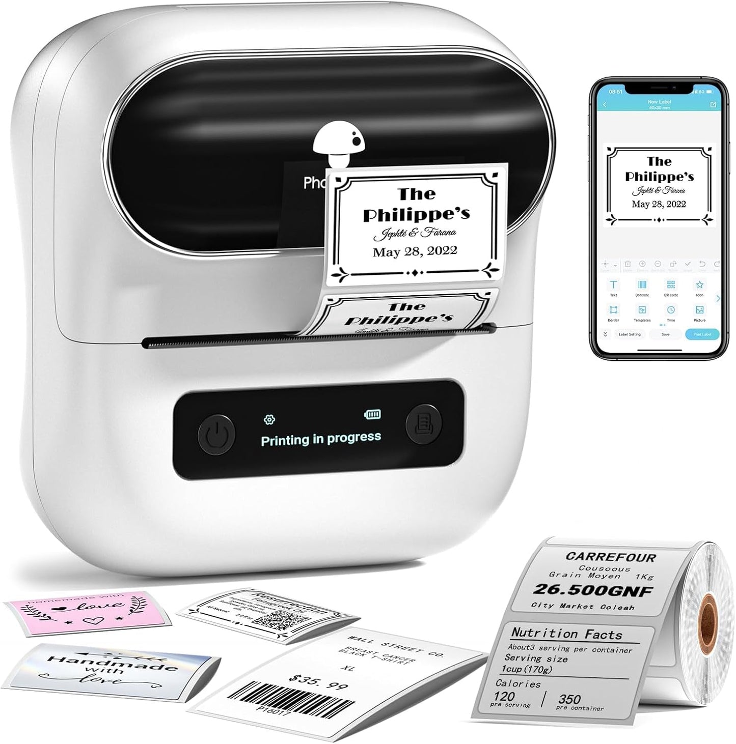 Phomemo M220 Label Maker Starter Pack, 3 Inch Bluetooth Thermal Label Printer with 100 Premium Label(40×30Mm),Portable Barcode Printer for Small Business Office Organization, Ios Android PC Compatible