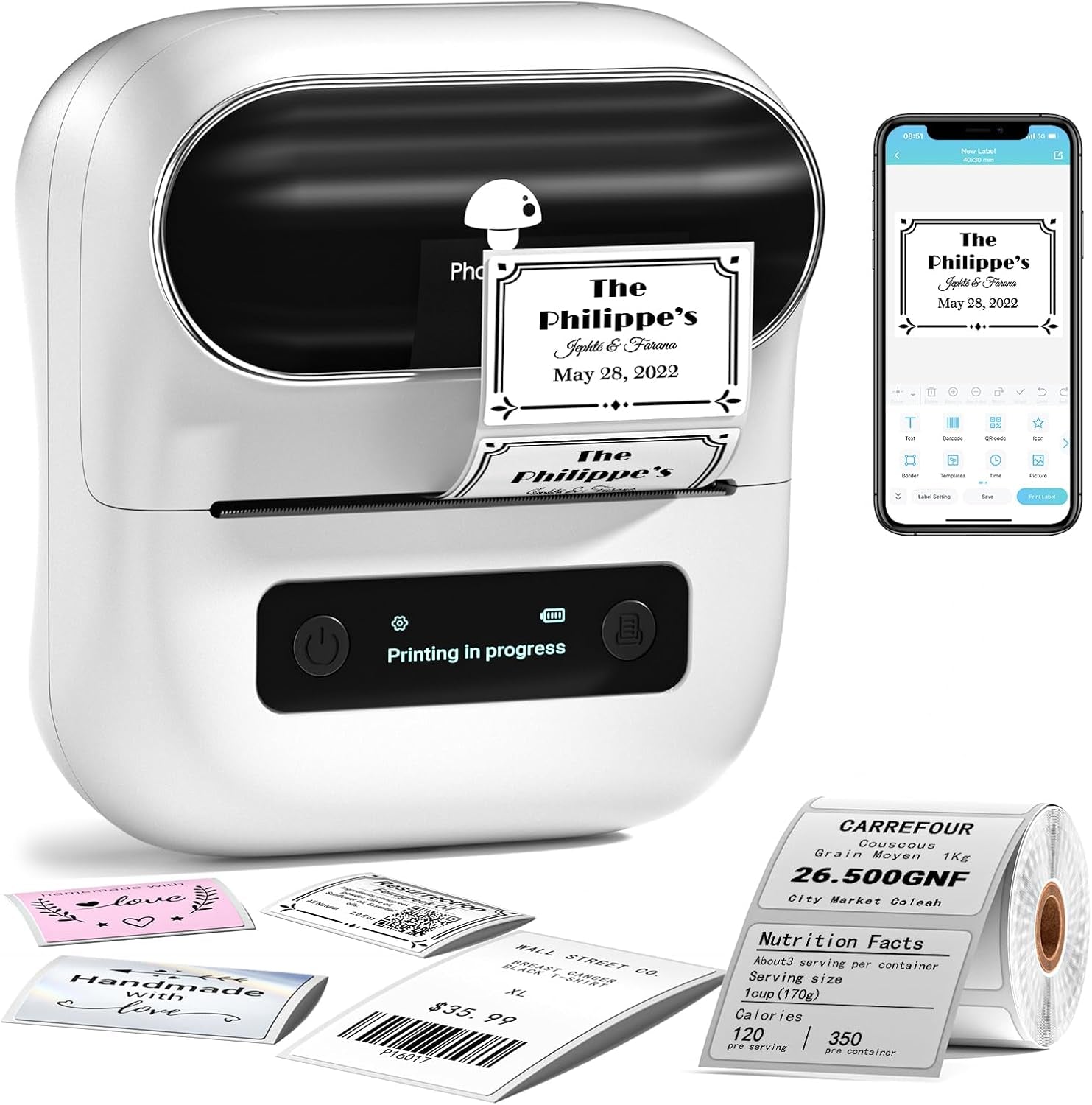 Phomemo M220 Label Maker Starter Pack, 3 Inch Bluetooth Thermal Label Printer with 100 Premium Label(40×30Mm),Portable Barcode Printer for Small Business Office Organization, Ios Android PC Compatible