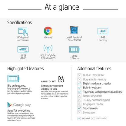 14" Touch X360, Chromebook, Intel Pentium Silver N5030, 4 GB RAM, 128 GB Emmc, Silver, Chrome OS, 14B-Ca0061Wm