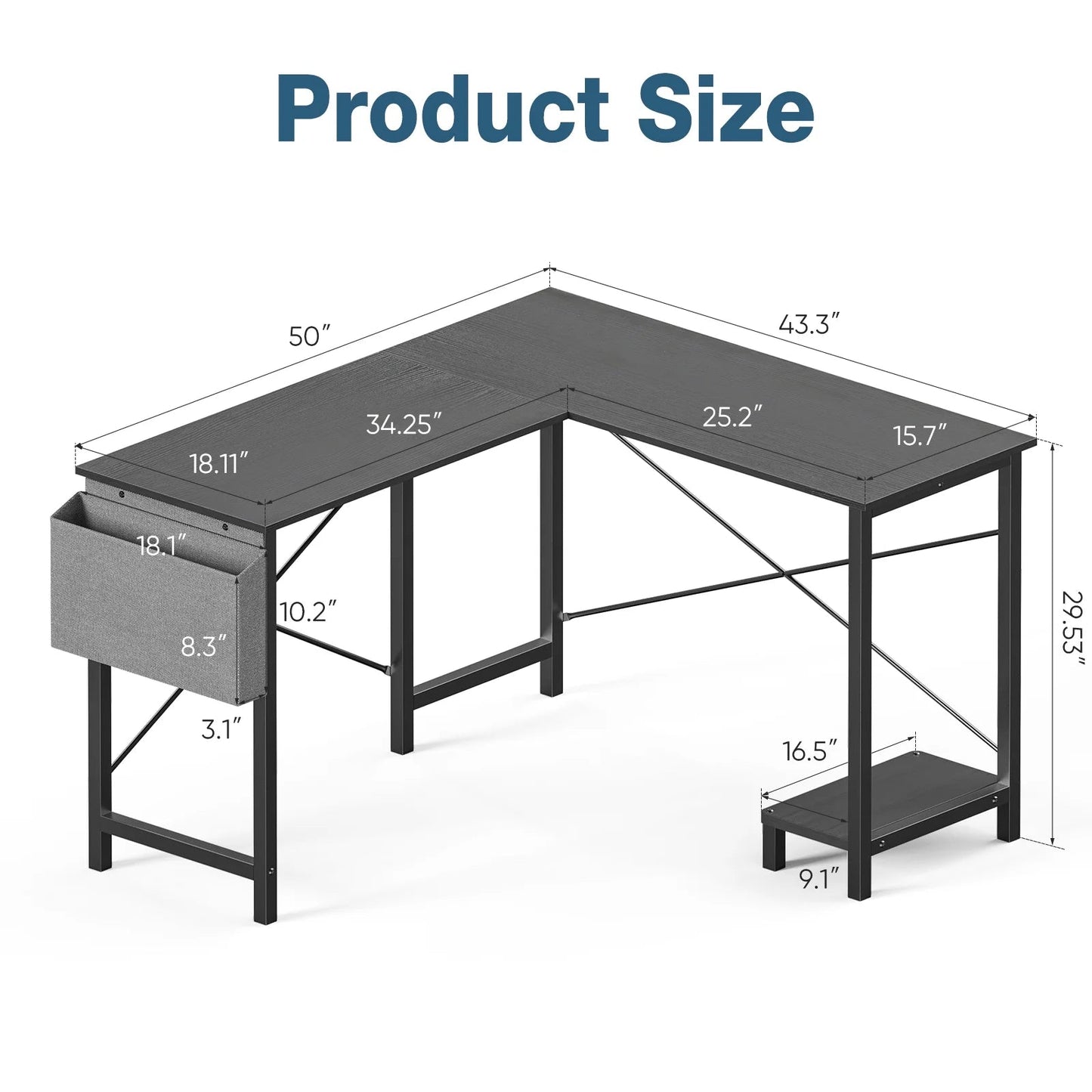 50 Inch L Shaped Computer Desk with CPU Stand, Corner Gaming Desk for Home Office