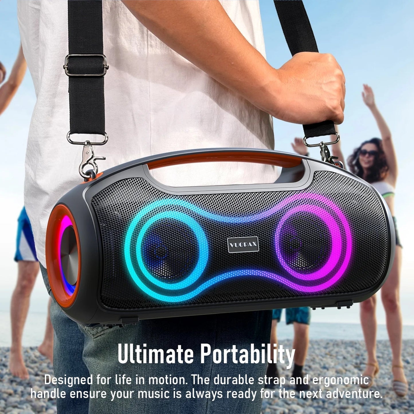 Portable Bluetooth Speaker with Bass Boost, IP65 Waterproof Outdoor Wireless Loud Speaker with Disco Dynamic Light, 180W Power and USB/AUX/TF Input for Party