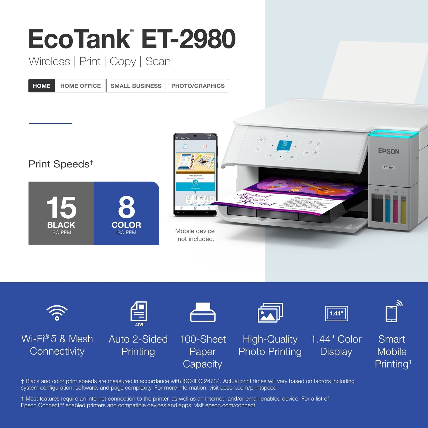Ecotank ET-2980 Wireless All-In-One Color Supertank Printer with up to 3 Years of Ink, Refillable Tanks, Perfect for Home, 15 PPM, 1.44" Color Screen, Auto 2-Sided Printing - White