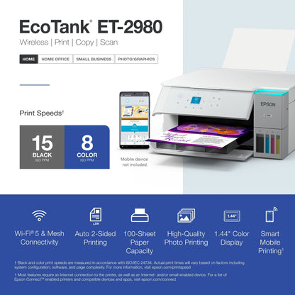 Ecotank ET-2980 Wireless All-In-One Color Supertank Printer with up to 3 Years of Ink, Refillable Tanks, Perfect for Home, 15 PPM, 1.44" Color Screen, Auto 2-Sided Printing - White