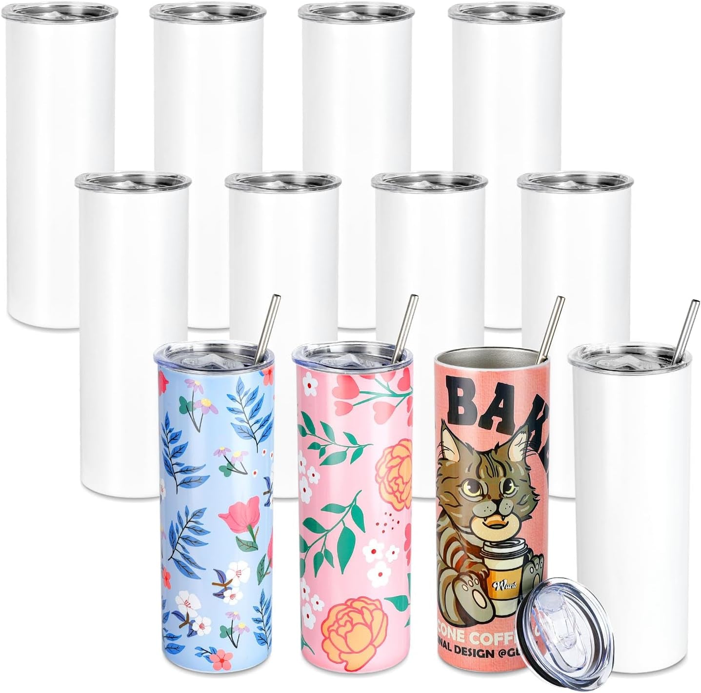 Sublimation Tumblers 12 PCS - 20 OZ Sublimation Tumbler Blanks with Sublimation Paper/Shrink Wrap Films/Heat Tape/Straws/Straw Brush - Sublimation Blanks Products for Gift/Diy Craft