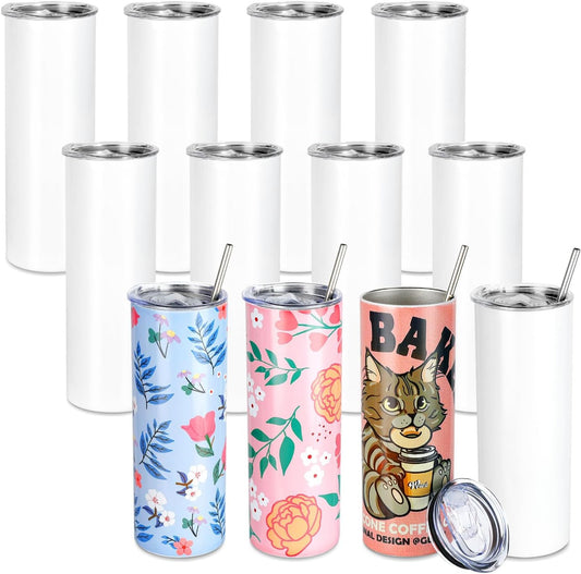 Sublimation Tumblers 12 PCS - 20 OZ Sublimation Tumbler Blanks with Sublimation Paper/Shrink Wrap Films/Heat Tape/Straws/Straw Brush - Sublimation Blanks Products for Gift/Diy Craft