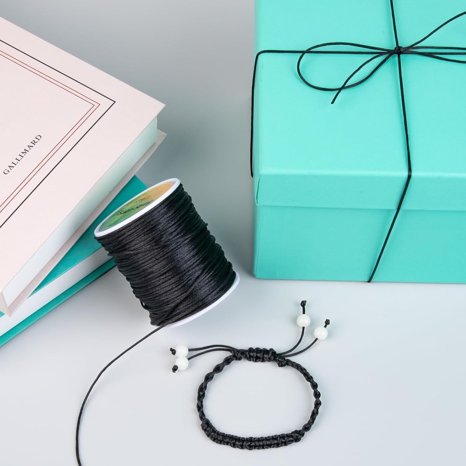 Black Nylon String Cord- 1.5Mm 103 Yards Strong Nylon String, Wear-Resistant No Fading  Satin Silk Cord for Bracelets, Wind Chime, Necklace,Knotting,Jewelry Making,Blinds Cord