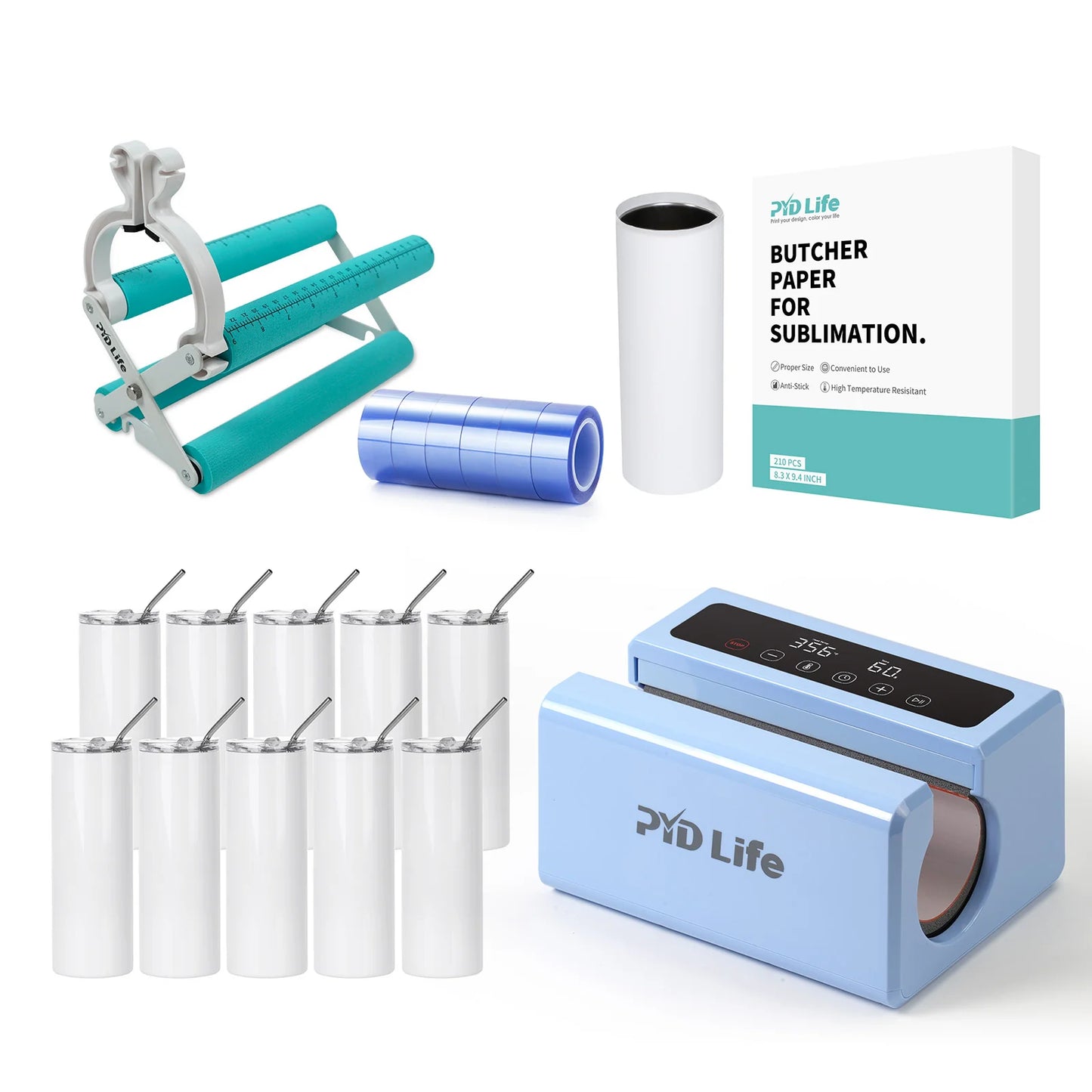 Auto Tumbler Heat Press Sublimation Starter Benginers Kit Bundle with Sublimation Tumblers,Sublimation Tape,Cups Cradle with Clamp and Butcher Paper (4 Options)