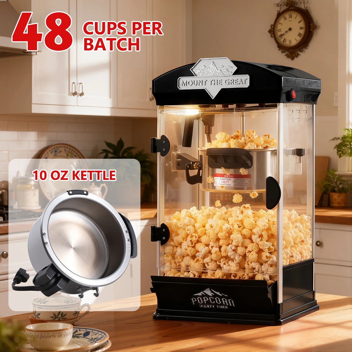 Popcorn Maker Machine, 10Oz Kettle Popcorn Machine with Warming Deck, Countertop Popcorn Popper for Movie Theatre, Parties, Black