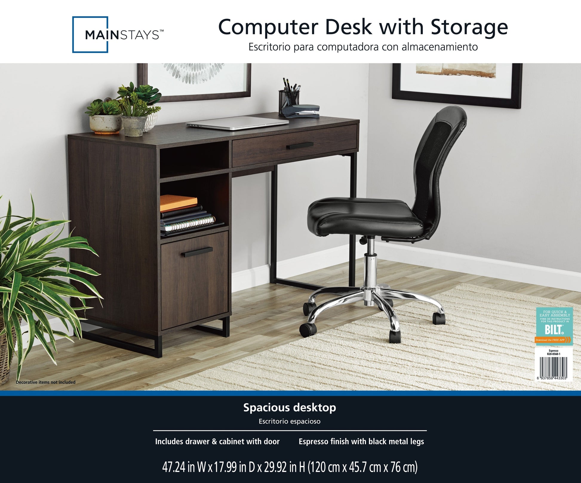 Wood & Metal Writing Desk with 1 Drawer &1 Door for Teens/Adult, 29.92 In, Espresso Finish
