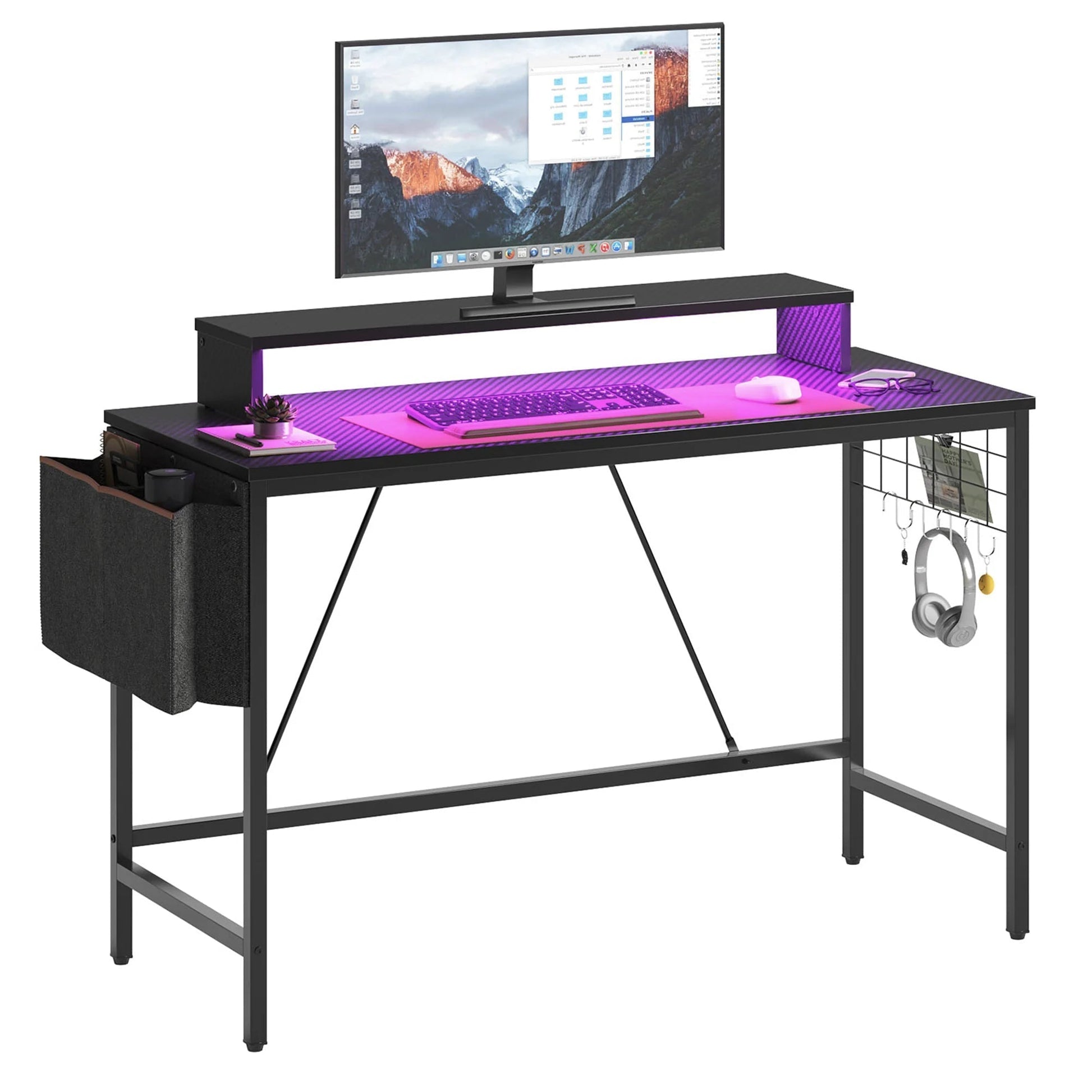 41.7 Inch Gaming Desk with LED Monitor Stand, Storage Pocket, Grid Side Frame, for Gaming Room and Home Office, Carbon Fiber Black
