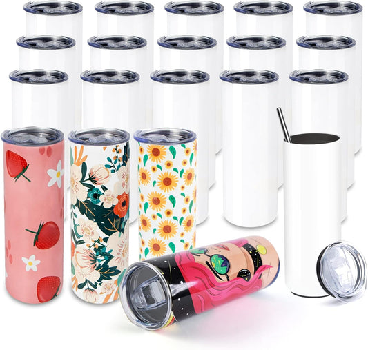 20 Pack Sublimation Tumblers - 20 OZ Stainless Steel Tumblers with Paper, Straw and Box