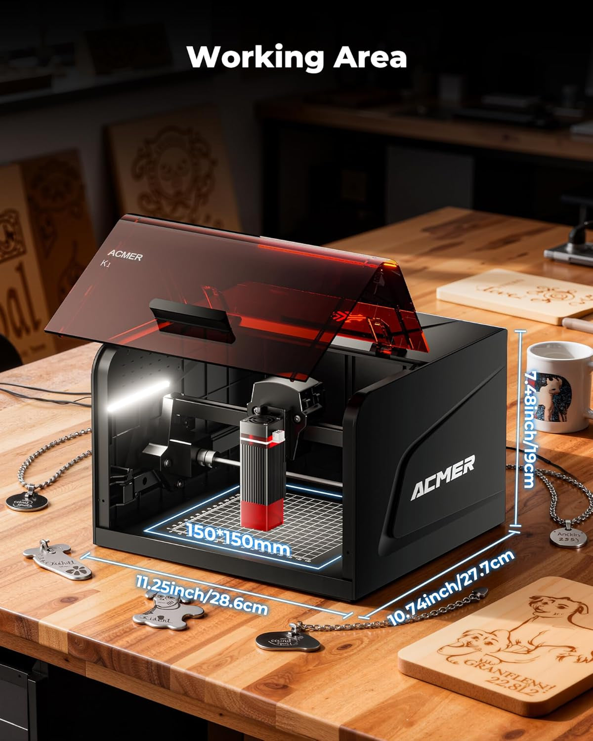 ACMER Laser Engraver Machine, K1 Desktop 12000Mw Compact Laser Engraving Machine, 150×150Mm Work Area, 0.08Mm Fine Engraving Spot, Laser Cutter for Wood, Plywood, Acrylic, DIY Crafts & Small Business