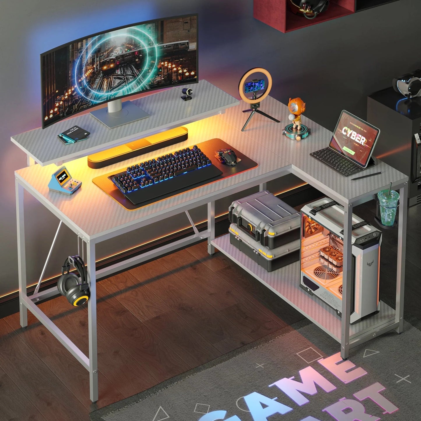42" Small Corner Computer Desk with Monitor Stand, Cup Holder& Headset Hooks, Home Office, Carbon Fiber Gray