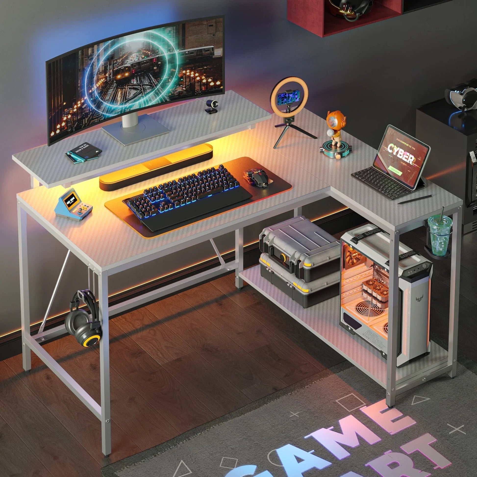 42" Small Corner Computer Desk with Monitor Stand, Cup Holder& Headset Hooks, Home Office, Carbon Fiber Gray