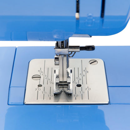 Janome Blue Couture Easy-To-Use Sewing Machine with Interior Metal Frame, Bobbin Diagram, Tutorial Videos, Made with Beginners in Mind!
