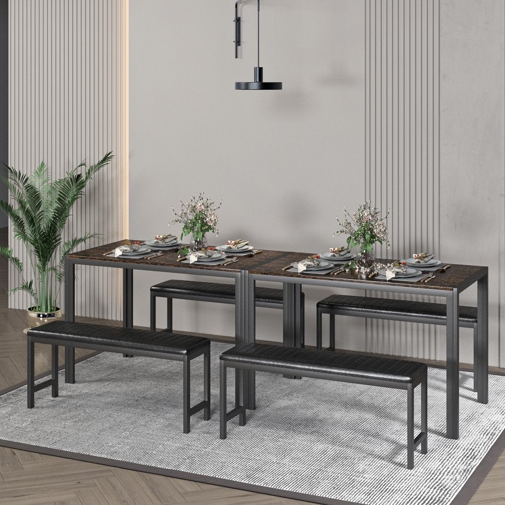 Dining Room Table Set, 3-Piece Marble Top Breakfast Nook Dining Table Set with 2 Upholstered Benches, Kitchen Table Set with Metal Frame, Modern Furniture for Home Cafeteria, Brown