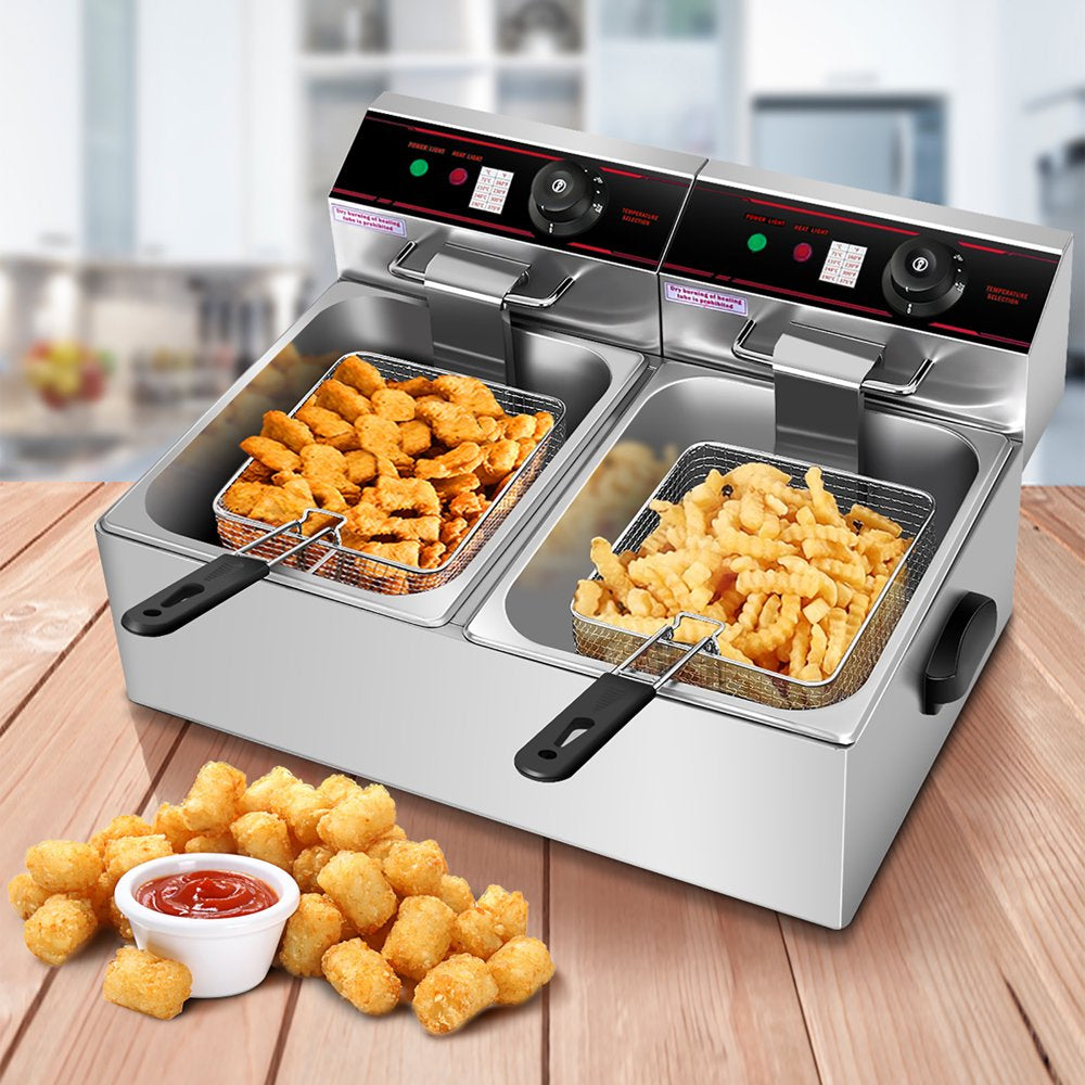 3400W Electric Countertop Deep Fryer Dual Tank Commercial Restaurant Steel