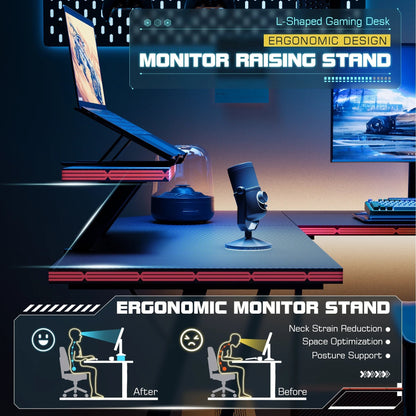 L-Shaped Gaming Desk 51.2 Inches Corner Office Desk with Removable Monitor Riser, Black