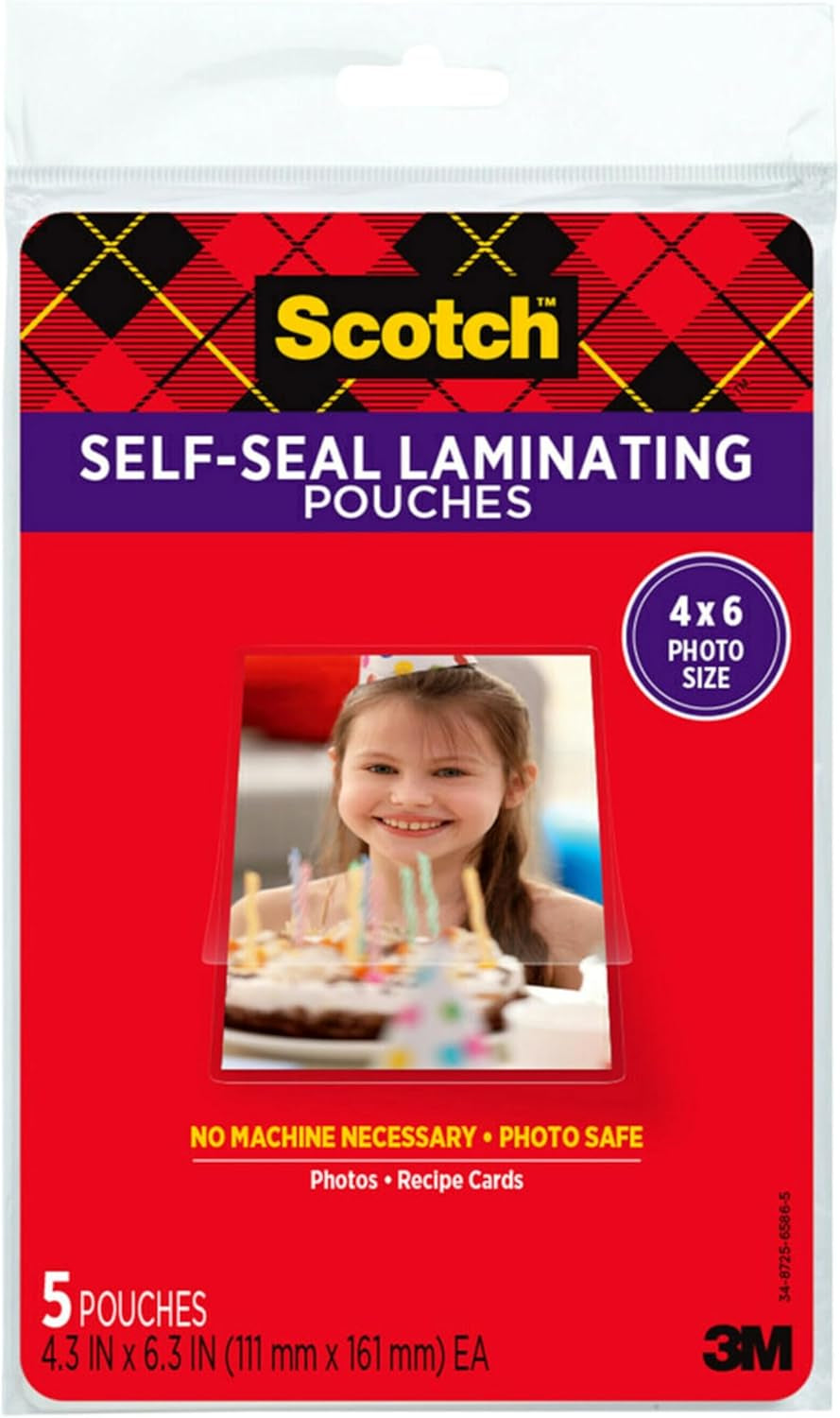 Scotch Self-Sealing Laminating Pouches, 4 X 6 Inches, 3-Pack of 5 Pouches – No Machine Needed, Clear, Photo Safe