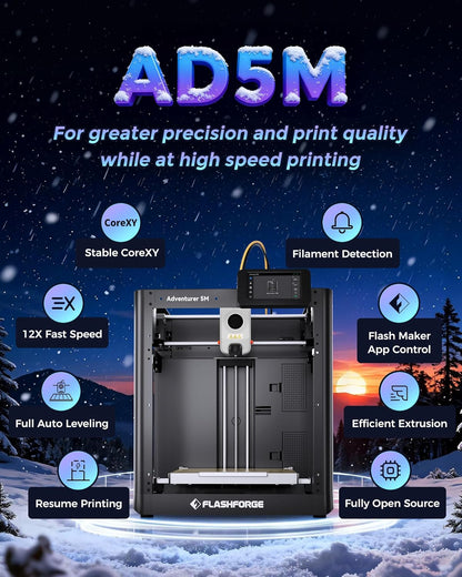 FLASHFORGE Adventurer 5M 3D Printer,600Mm/S Max Speed Core XY 3D Printers with Auto Leveling,280°C Direct Extruder,3S Quick Swap Nozzle,Dual-Sided PEI Platform,Diy AD5M Enclosure,For Kids,Beginners