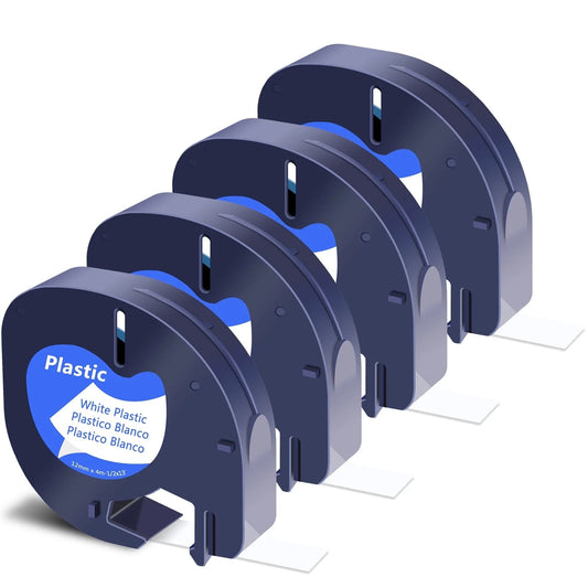 4PK 12Mm 4M Black on White Plastic Label Tape Compatible for Dymo 91331 91201 91221 59422 S0721660 Letratag Printer