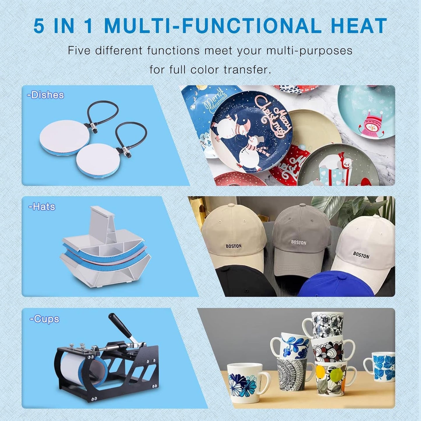 Upgraded 5 in 1 Heat Press Machine 15X15 Inch Heat Transfer Machine 360-Degree Swing Away Multifunction Digital Sublimation Combo Heat Press for T Shirt Mug Hat Plate for Commercial Home 110V