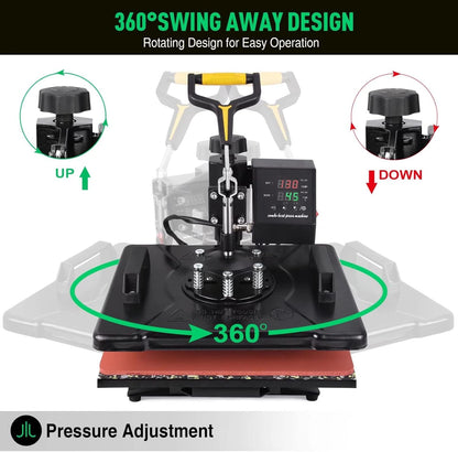 5 in 1 Heat Press Machine 12X15 Inch 360-Degree Swing Away Digital T Shirt Pressing Machine Multifunction Heat Transfer Sublimation Combo for T Shirts Mugs Hat Plate Cap