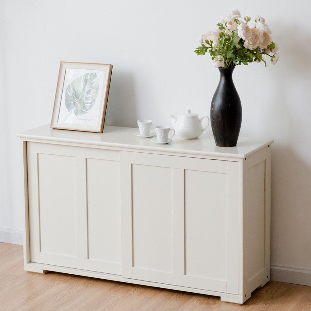 Kitchen Storage Cabinet Sideboard Buffet Cupboard Wood Sliding Door Pantry Cream White