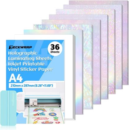 Sticker Paper for Inkject Printer Holographic Laminating Sheets Matte Inkjet Printable Vinyl 8.26" X 11.69" A4 36 Sheets Printer Paper Vinyl Stickers Waterproof Photo Paper