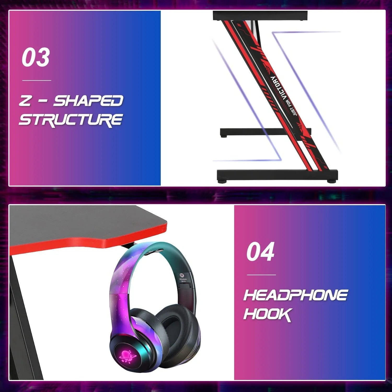 47 Inch Z Shaped Ergonomic Adults Gaming Desk with Headphone Hook for Game Players，Red