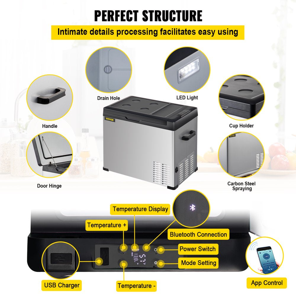 Portable Car Refrigerator 42 Qt, 12V Portable Freezer with Single Zone, 12/24V DC & 110-240V AC Electric Cooler with -4℉-68℉ Cooling Range, for Car Truck Vehicle RV Boat Outdoor & Home Use