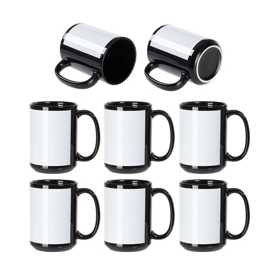 Wholesale 15 OZ Sublimation Ceramic Coffee Mugs Black with White Patch & Strong Inner Box 8 Pack