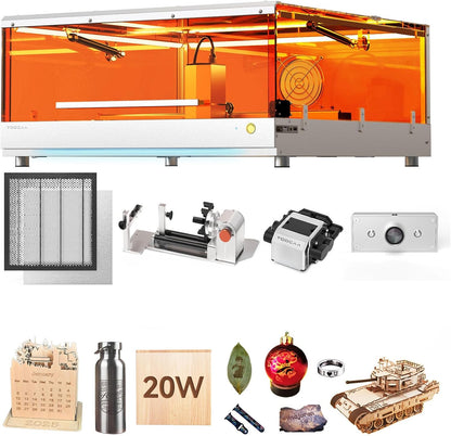TOOCAA Laser Engraver 20W with 5 in 1 Rotary Roller Set,Smart Camera,Air Assist,Honeycomb Panel, 22" X 22" Bed Size,Safe Laser Engraving Cutting Machine Expert for Metal Tumblers Wood Acrylic